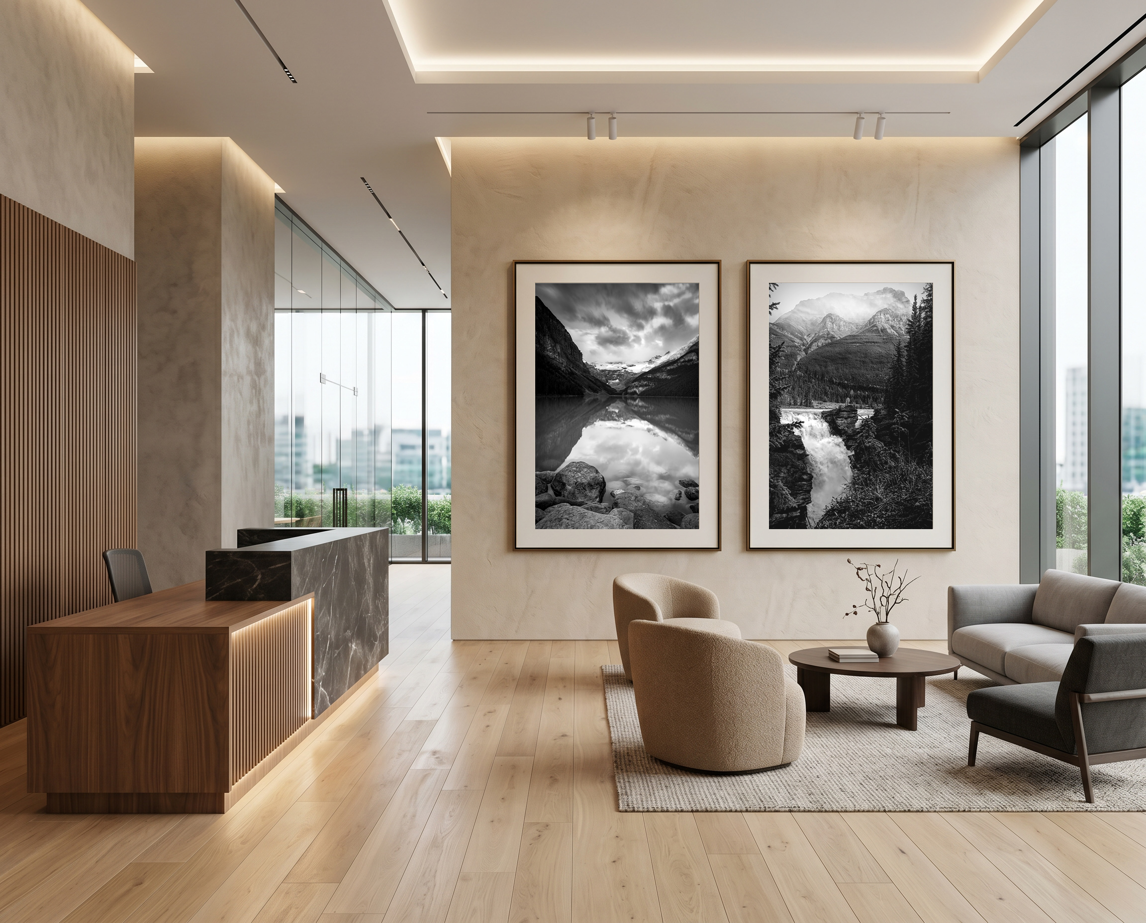 Corporate waiting room with B&W landscape diptych by Dan Sproul
